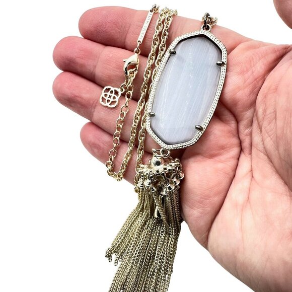 Kendra Scott Rayne Necklace Gold Tone Grey Slate Cats Eye Tassle Pendant - Picture 1 of 5
